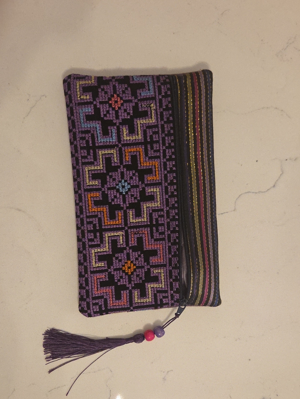 Embroidered Plum Fabric Zip Pouch with Beaded Tassel Accent